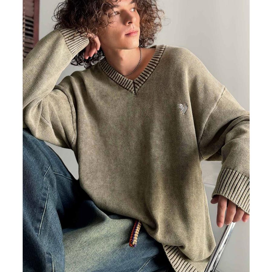 【Classical Origin】 ニット セーター メンズ ブランド トップス Vネックセーター オーバーサイズ ピグメント加工 綿100％ 抜け感 刺繍 ルーズ 自然体 | classicalelf | 07
