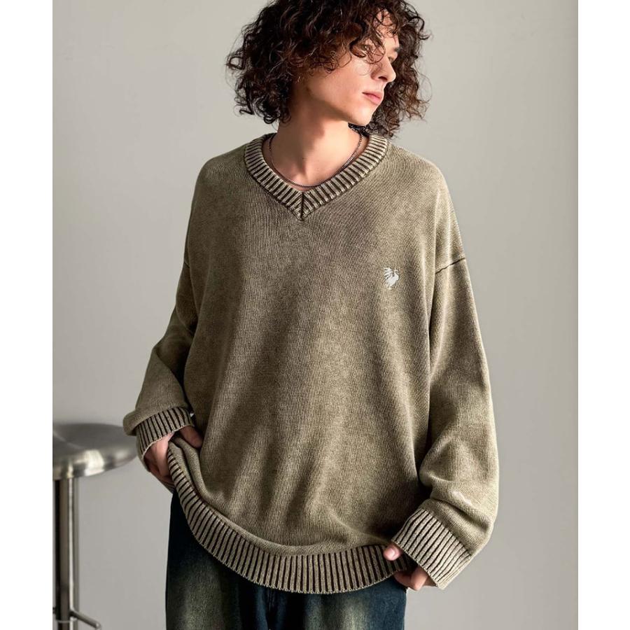 【Classical Origin】 ニット セーター メンズ ブランド トップス Vネックセーター オーバーサイズ ピグメント加工 綿100％ 抜け感 刺繍 ルーズ 自然体 | classicalelf | 08