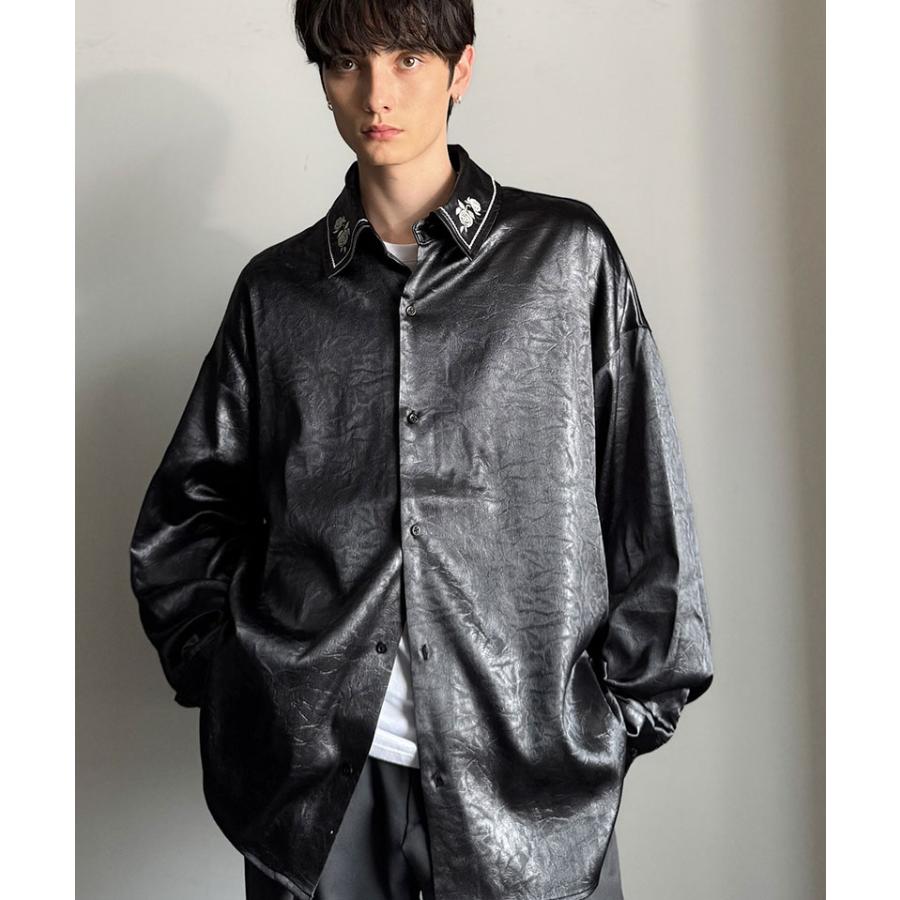 【Classical Origin】トップス 秋 長袖 シャツ お洒落 メンズ ビッグシルエット エンボス加工 サテン素材 衿刺繍 ロングスリーブ エレガント | classicalelf | 10