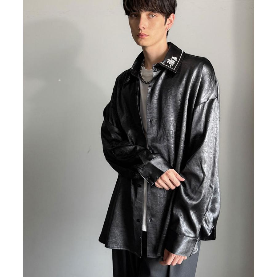 【Classical Origin】トップス 秋 長袖 シャツ お洒落 メンズ ビッグシルエット エンボス加工 サテン素材 衿刺繍 ロングスリーブ エレガント | classicalelf | 12