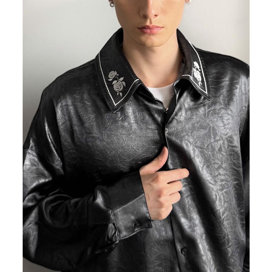 【Classical Origin】トップス 秋 長袖 シャツ お洒落 メンズ ビッグシルエット エンボス加工 サテン素材 衿刺繍 ロングスリーブ エレガント | classicalelf | 14