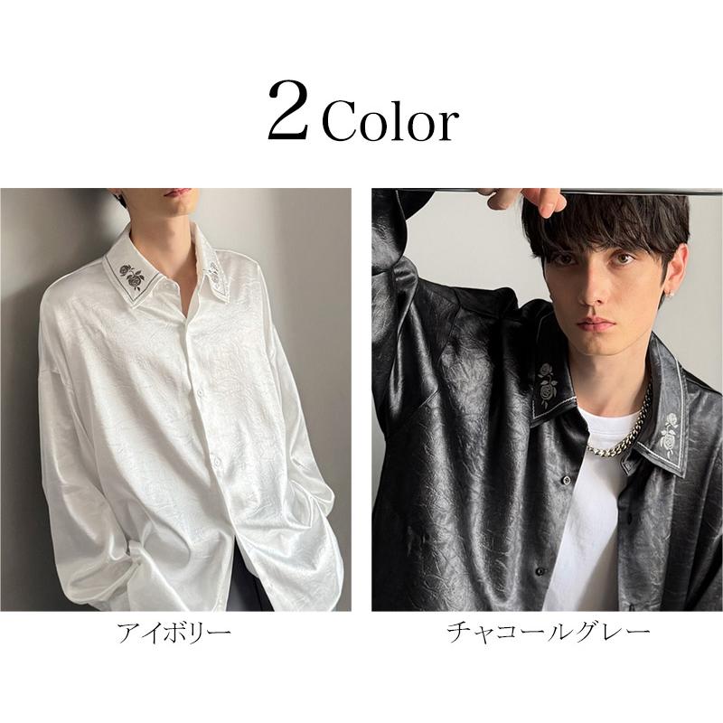 【Classical Origin】トップス 秋 長袖 シャツ お洒落 メンズ ビッグシルエット エンボス加工 サテン素材 衿刺繍 ロングスリーブ エレガント | classicalelf | 01