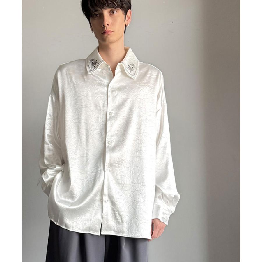 【Classical Origin】トップス 秋 長袖 シャツ お洒落 メンズ ビッグシルエット エンボス加工 サテン素材 衿刺繍 ロングスリーブ エレガント | classicalelf | 03