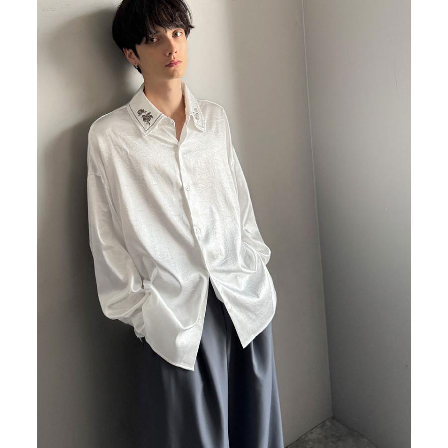 【Classical Origin】トップス 秋 長袖 シャツ お洒落 メンズ ビッグシルエット エンボス加工 サテン素材 衿刺繍 ロングスリーブ エレガント | classicalelf | 05
