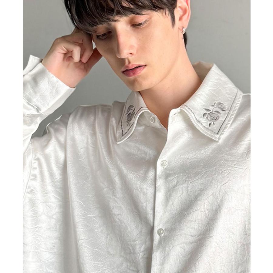 【Classical Origin】トップス 秋 長袖 シャツ お洒落 メンズ ビッグシルエット エンボス加工 サテン素材 衿刺繍 ロングスリーブ エレガント | classicalelf | 06