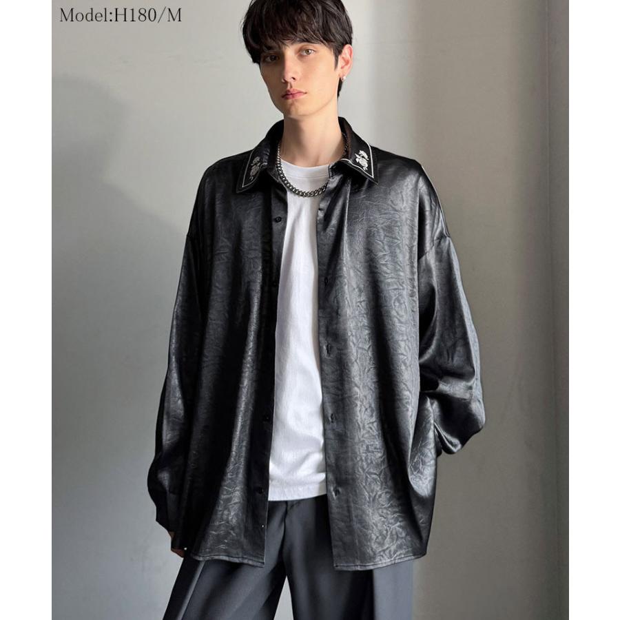 【Classical Origin】トップス 秋 長袖 シャツ お洒落 メンズ ビッグシルエット エンボス加工 サテン素材 衿刺繍 ロングスリーブ エレガント | classicalelf | 08