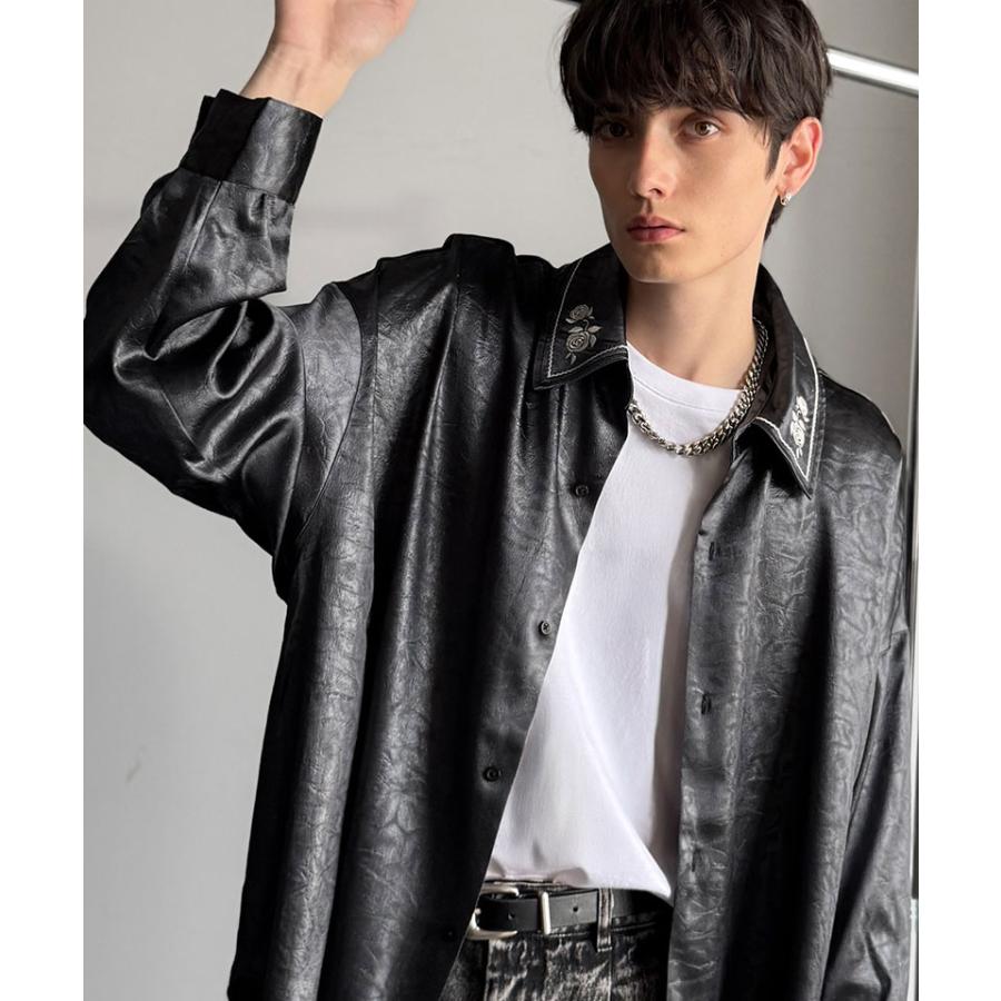 【Classical Origin】トップス 秋 長袖 シャツ お洒落 メンズ ビッグシルエット エンボス加工 サテン素材 衿刺繍 ロングスリーブ エレガント | classicalelf | 09