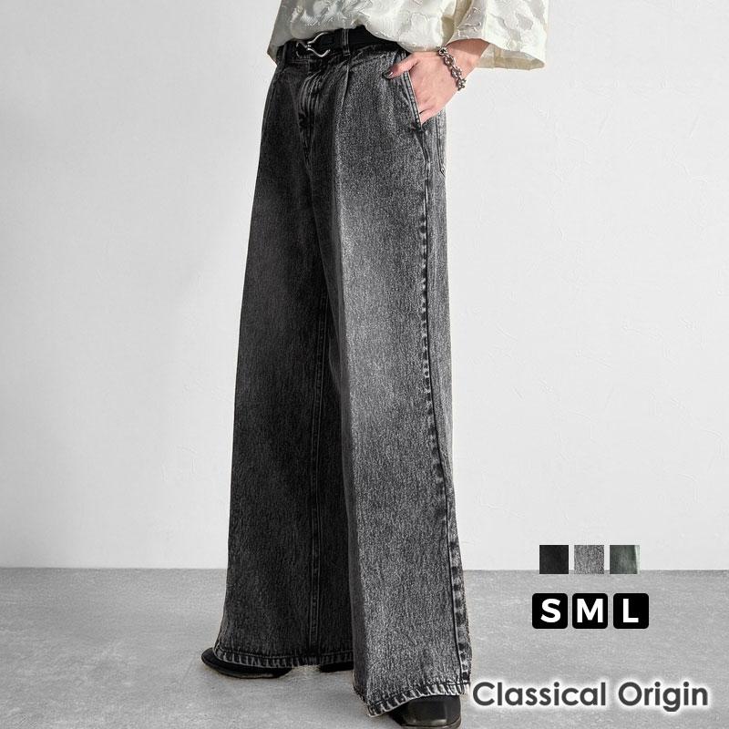 【Classical Origin】 メンズ ボトム デニム ジーンズ フレア ワンタック センタープレス スラックス ヴィンテージ加工 ケミカルウォッシュ 春 夏 | classicalelf