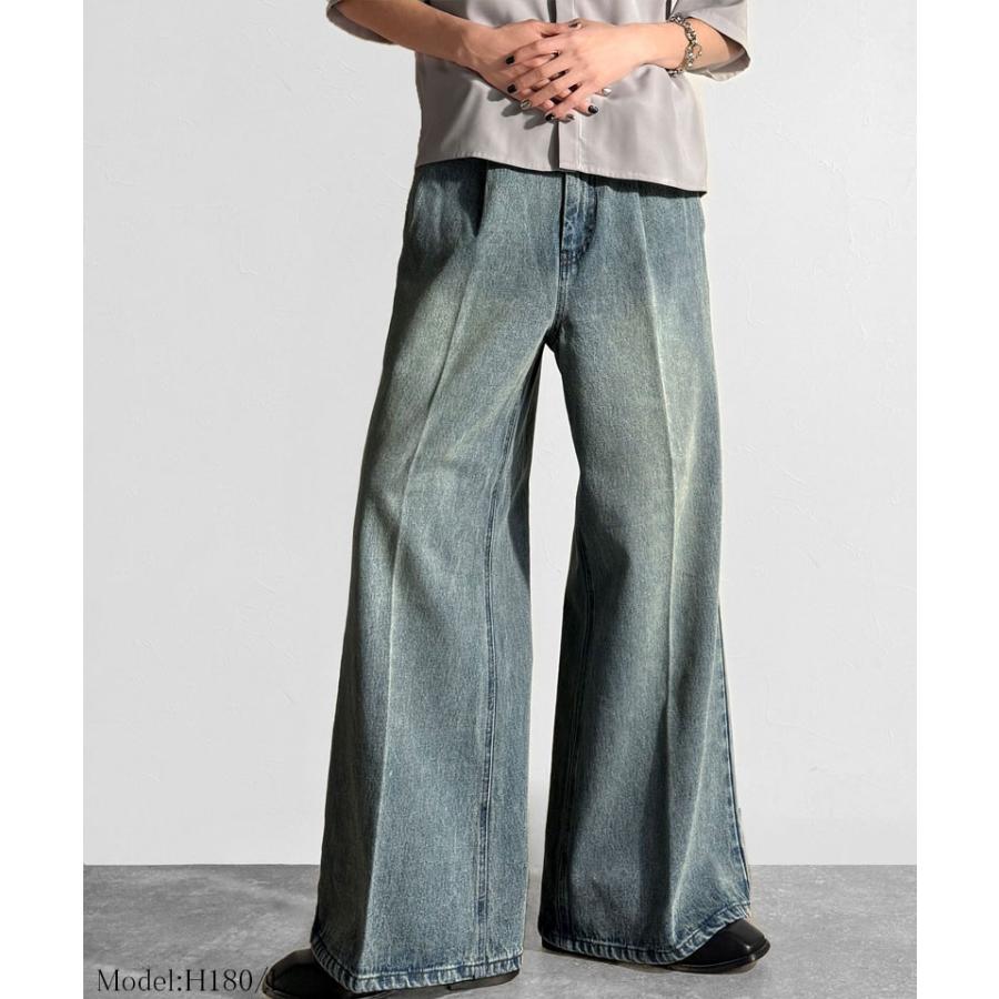 【Classical Origin】 メンズ ボトム デニム ジーンズ フレア ワンタック センタープレス スラックス ヴィンテージ加工 ケミカルウォッシュ 春 夏 | classicalelf | 09