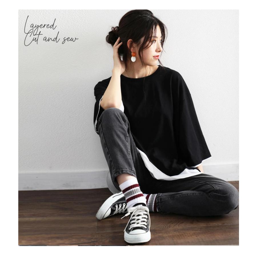 メール便  重ね着風Tシャツカットソー フェイクレイヤード レディース トップス XL 大きいサイズ 無地 cla64 | classicalelf | 09