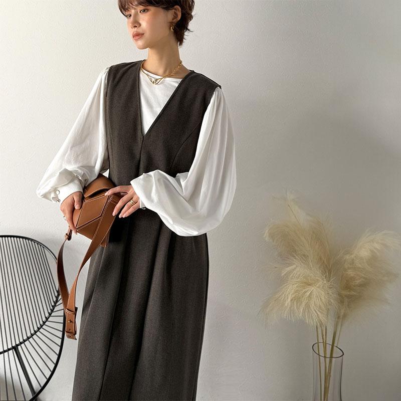 【Classical Evon】 ワンピース 秋冬 きれいめ 着やせ ロング Vネック ウエストタック ロング丈 上品 深めVネック すっきり 主役級 シンプル 気回し力抜群 | classicalelf