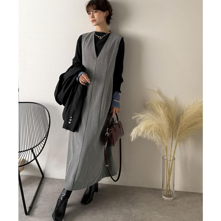 【Classical Evon】 ワンピース 秋冬 きれいめ 着やせ ロング Vネック ウエストタック ロング丈 上品 深めVネック すっきり 主役級 シンプル 気回し力抜群 | classicalelf | 04