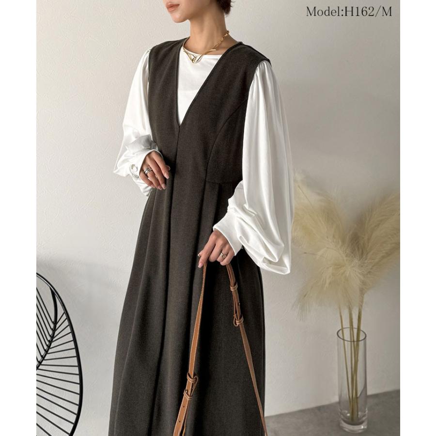 【Classical Evon】 ワンピース 秋冬 きれいめ 着やせ ロング Vネック ウエストタック ロング丈 上品 深めVネック すっきり 主役級 シンプル 気回し力抜群 | classicalelf | 07