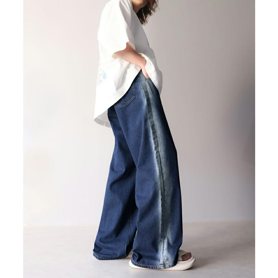 《javaジャバコラボ》 ボトムス パンツ メンズ サイド ブリーチ ライン ワイド デニムパンツ ヴィンテージライク オールシーズン 男女兼用 | classicalelf | 13