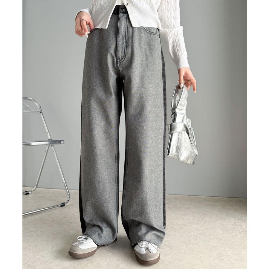 《javaジャバコラボ》ボトムス パンツ レディース 微配色 ワイド デニム ロングシーズン 着回し 高見え スタイルアップ 裾 カットオフ デザイン | classicalelf | 03