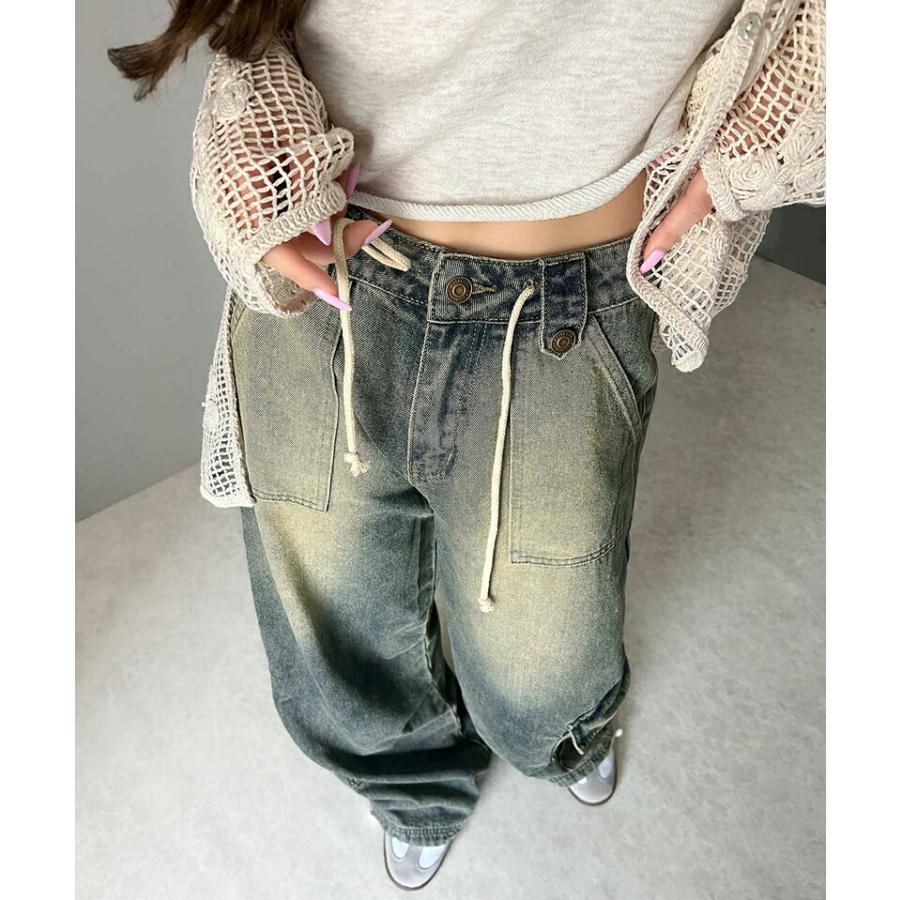 《javaジャバコラボ》 ボトムス パンツ レディース 裾 ドロスト デザイン ヴィンテージ 加工 ストワイド デニム ジーンズ ウエスト 紐 調節可能 | classicalelf | 14