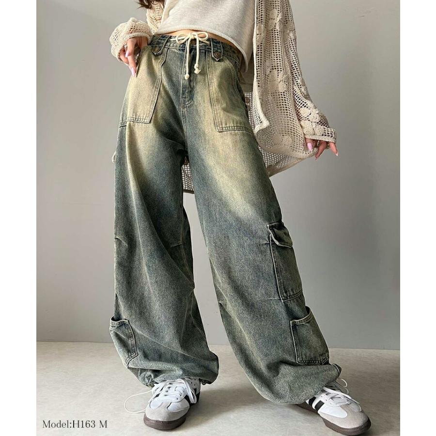 《javaジャバコラボ》 ボトムス パンツ レディース 裾 ドロスト デザイン ヴィンテージ 加工 ストワイド デニム ジーンズ ウエスト 紐 調節可能 | classicalelf | 08