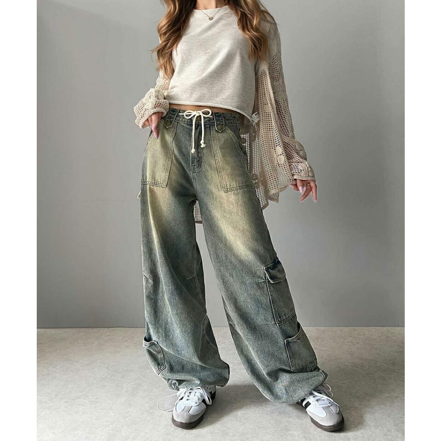 《javaジャバコラボ》 ボトムス パンツ レディース 裾 ドロスト デザイン ヴィンテージ 加工 ストワイド デニム ジーンズ ウエスト 紐 調節可能 | classicalelf | 09