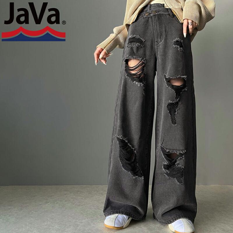《javaジャバコラボ》 ボトムス パンツ レディース アシメトリー ウエスト デザイン クラッシュ 加工 ヴィンテージライク ダメージ ワイド デニム | classicalelf