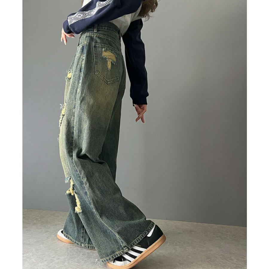 《javaジャバコラボ》 ボトムス パンツ レディース アシメトリー ウエスト デザイン クラッシュ 加工 ヴィンテージライク ダメージ ワイド デニム | classicalelf | 10