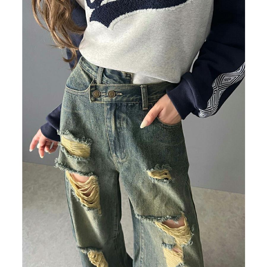 《javaジャバコラボ》 ボトムス パンツ レディース アシメトリー ウエスト デザイン クラッシュ 加工 ヴィンテージライク ダメージ ワイド デニム | classicalelf | 11