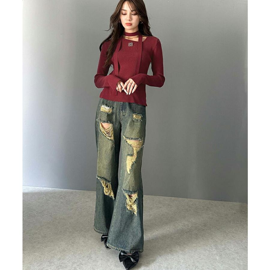 《javaジャバコラボ》 ボトムス パンツ レディース アシメトリー ウエスト デザイン クラッシュ 加工 ヴィンテージライク ダメージ ワイド デニム | classicalelf | 12