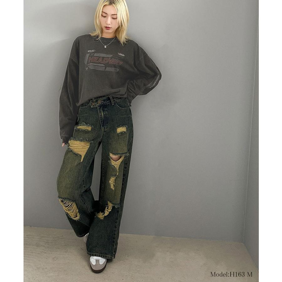 《javaジャバコラボ》 ボトムス パンツ レディース アシメトリー ウエスト デザイン クラッシュ 加工 ヴィンテージライク ダメージ ワイド デニム | classicalelf | 13