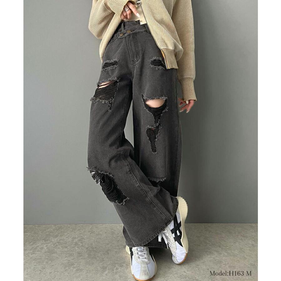 《javaジャバコラボ》 ボトムス パンツ レディース アシメトリー ウエスト デザイン クラッシュ 加工 ヴィンテージライク ダメージ ワイド デニム | classicalelf | 02