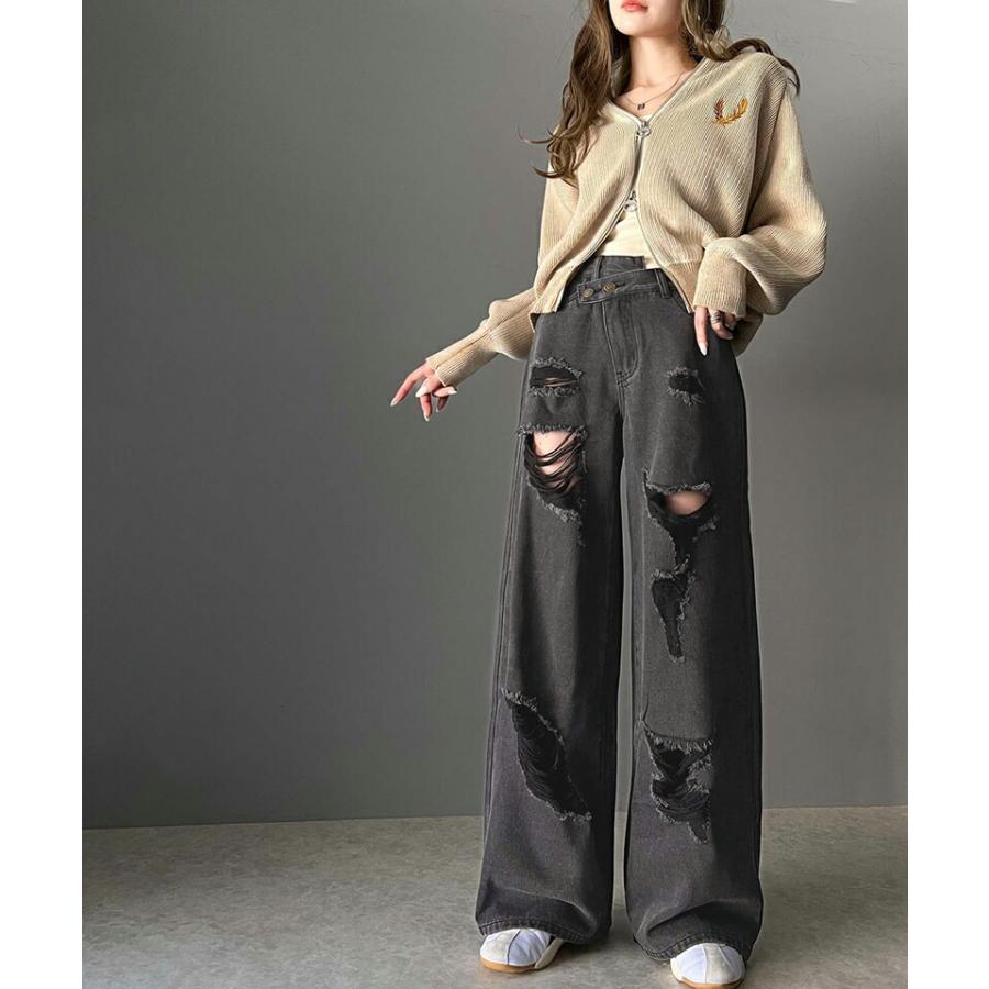 《javaジャバコラボ》 ボトムス パンツ レディース アシメトリー ウエスト デザイン クラッシュ 加工 ヴィンテージライク ダメージ ワイド デニム | classicalelf | 03