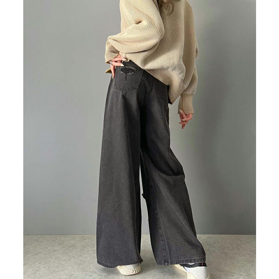 《javaジャバコラボ》 ボトムス パンツ レディース アシメトリー ウエスト デザイン クラッシュ 加工 ヴィンテージライク ダメージ ワイド デニム | classicalelf | 04