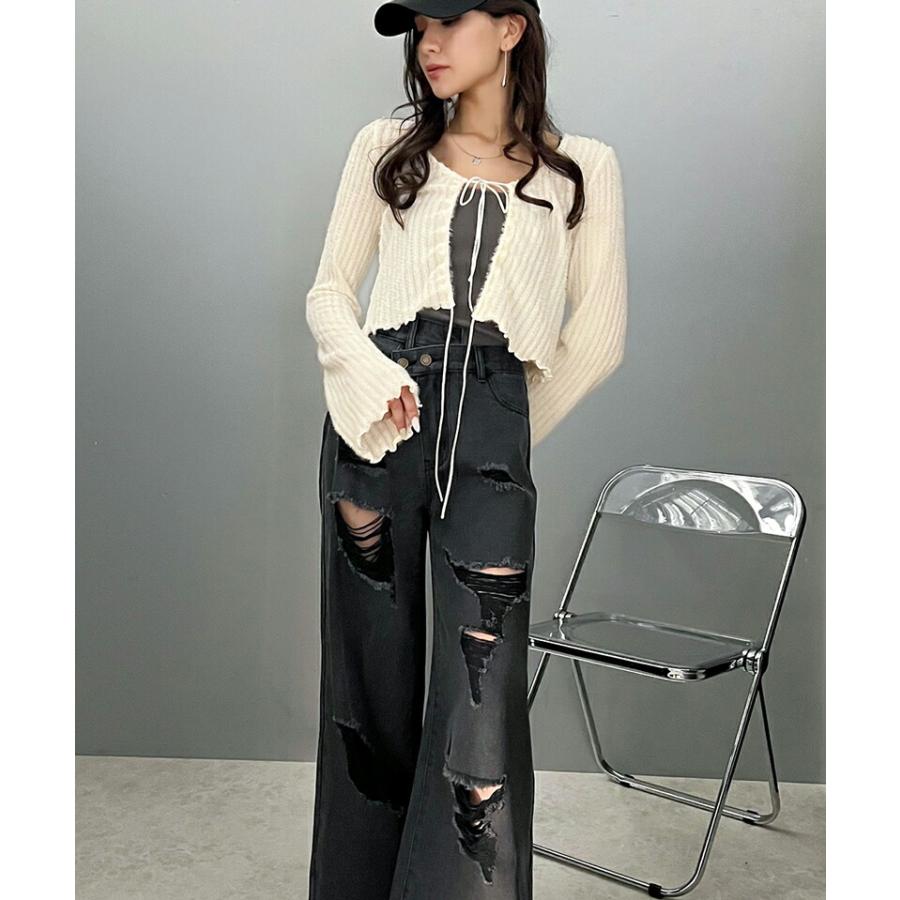 《javaジャバコラボ》 ボトムス パンツ レディース アシメトリー ウエスト デザイン クラッシュ 加工 ヴィンテージライク ダメージ ワイド デニム | classicalelf | 05