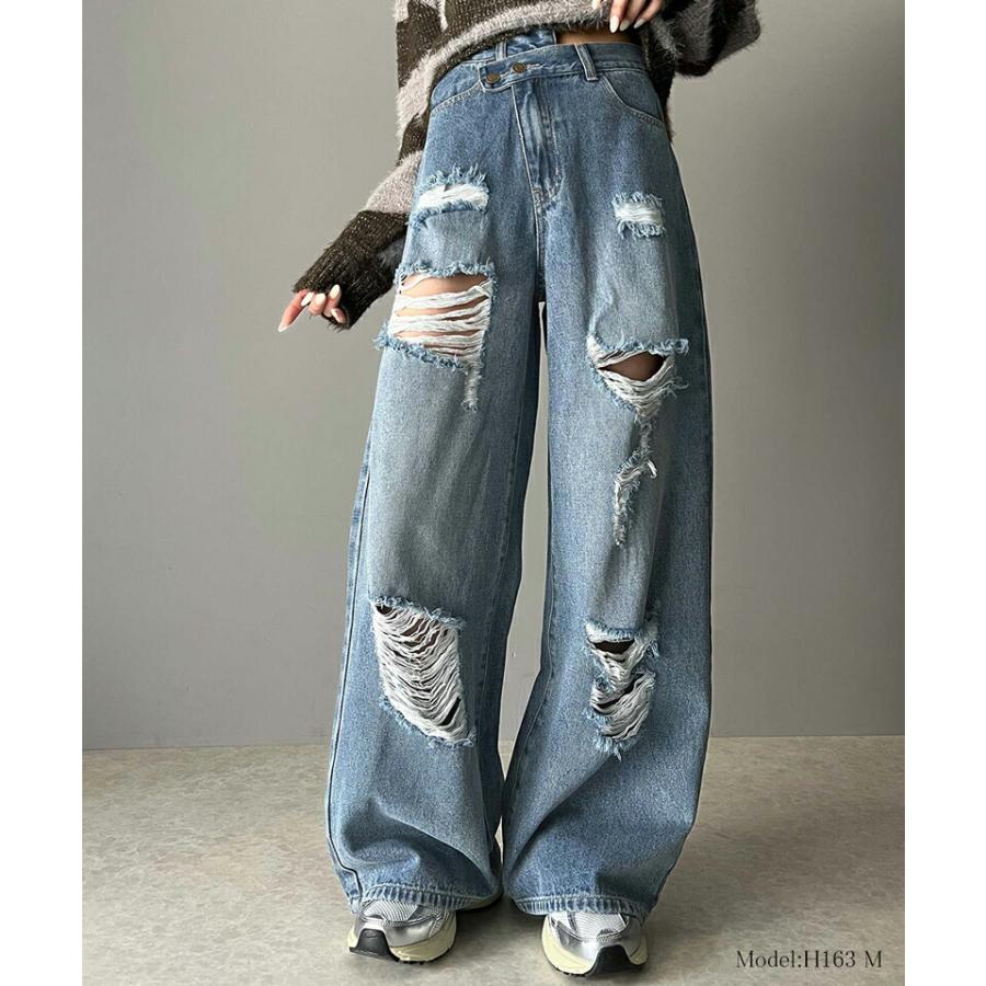《javaジャバコラボ》 ボトムス パンツ レディース アシメトリー ウエスト デザイン クラッシュ 加工 ヴィンテージライク ダメージ ワイド デニム | classicalelf | 06