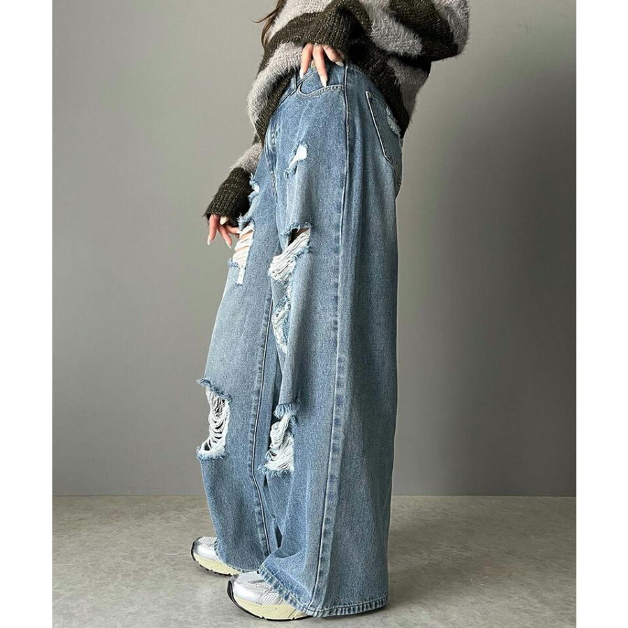 《javaジャバコラボ》 ボトムス パンツ レディース アシメトリー ウエスト デザイン クラッシュ 加工 ヴィンテージライク ダメージ ワイド デニム | classicalelf | 07