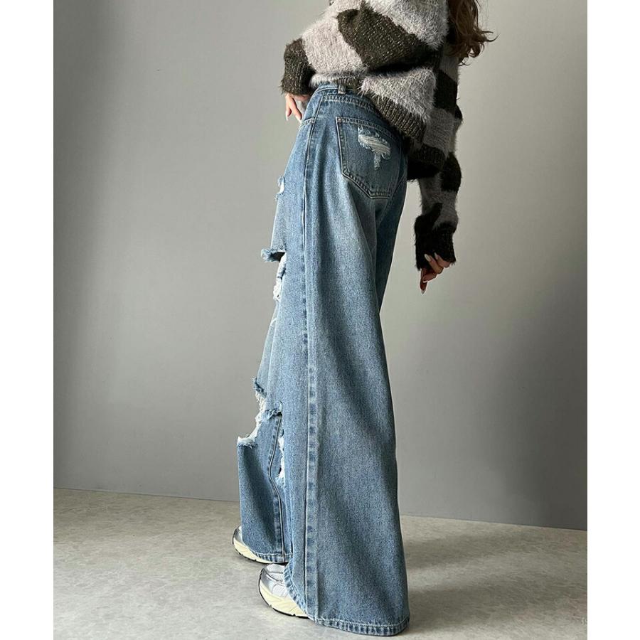 《javaジャバコラボ》 ボトムス パンツ レディース アシメトリー ウエスト デザイン クラッシュ 加工 ヴィンテージライク ダメージ ワイド デニム | classicalelf | 08