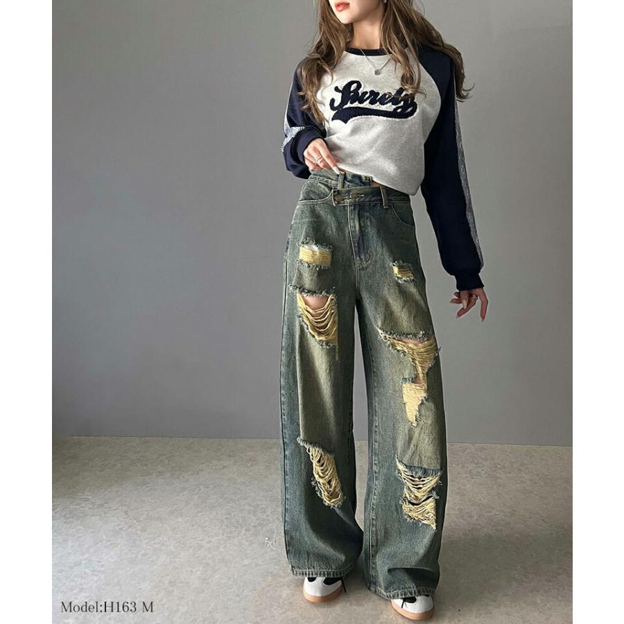 《javaジャバコラボ》 ボトムス パンツ レディース アシメトリー ウエスト デザイン クラッシュ 加工 ヴィンテージライク ダメージ ワイド デニム | classicalelf | 09