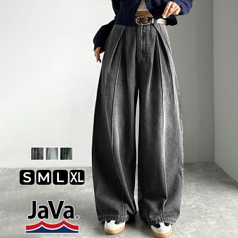 《java ジャバコラボ》 ボトムス レディース 秋冬 パンツ 立体 シルエット ダブル タック ワイド デニム 体型カバー ロングシーズン 大きいサイズ 秋 冬 | classicalelf