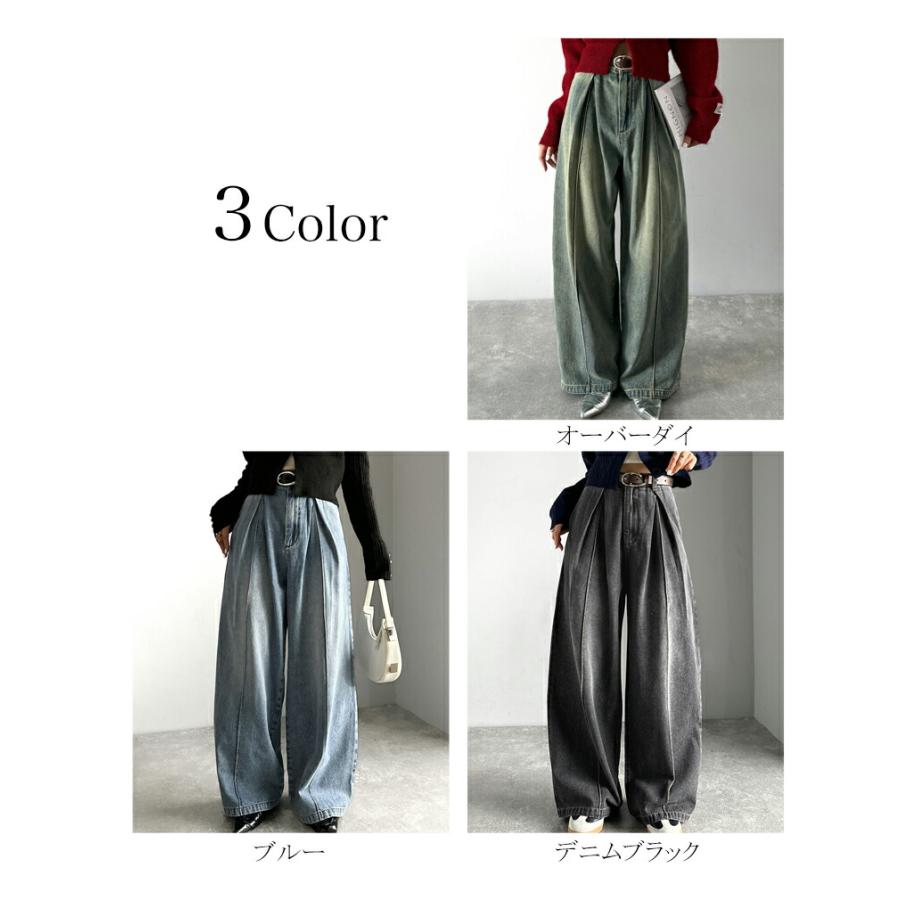 《java ジャバコラボ》 ボトムス レディース 秋冬 パンツ 立体 シルエット ダブル タック ワイド デニム 体型カバー ロングシーズン 大きいサイズ 秋 冬 | classicalelf | 01