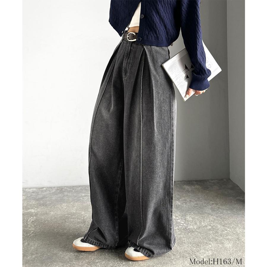 《java ジャバコラボ》 ボトムス レディース 秋冬 パンツ 立体 シルエット ダブル タック ワイド デニム 体型カバー ロングシーズン 大きいサイズ 秋 冬 | classicalelf | 02