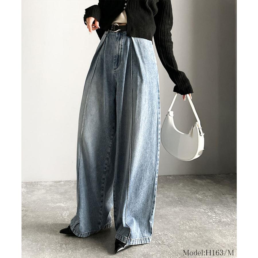 《java ジャバコラボ》 ボトムス レディース 秋冬 パンツ 立体 シルエット ダブル タック ワイド デニム 体型カバー ロングシーズン 大きいサイズ 秋 冬 | classicalelf | 07