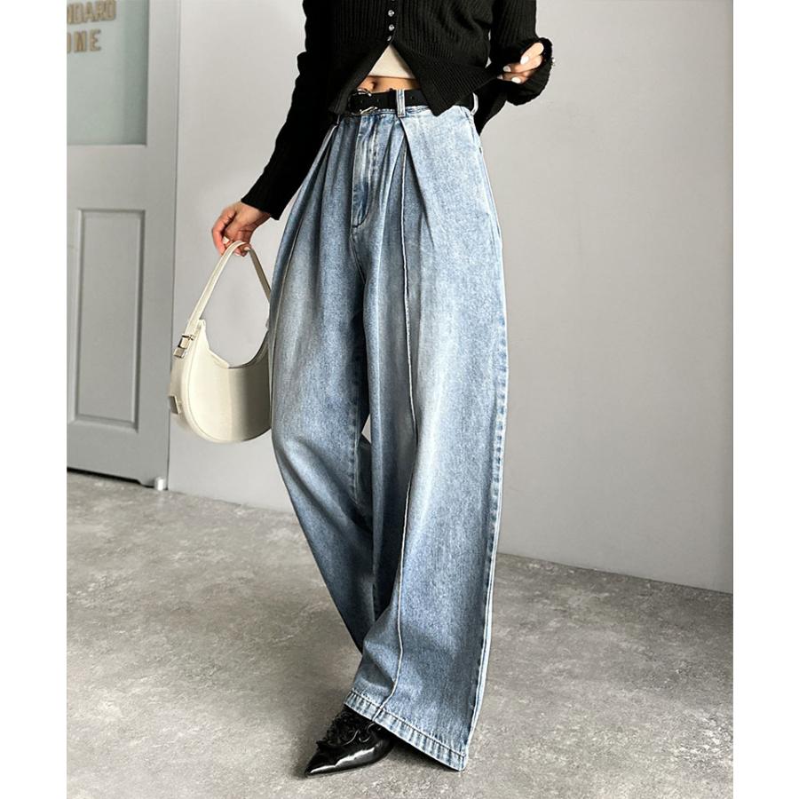 《java ジャバコラボ》 ボトムス レディース 秋冬 パンツ 立体 シルエット ダブル タック ワイド デニム 体型カバー ロングシーズン 大きいサイズ 秋 冬 | classicalelf | 08