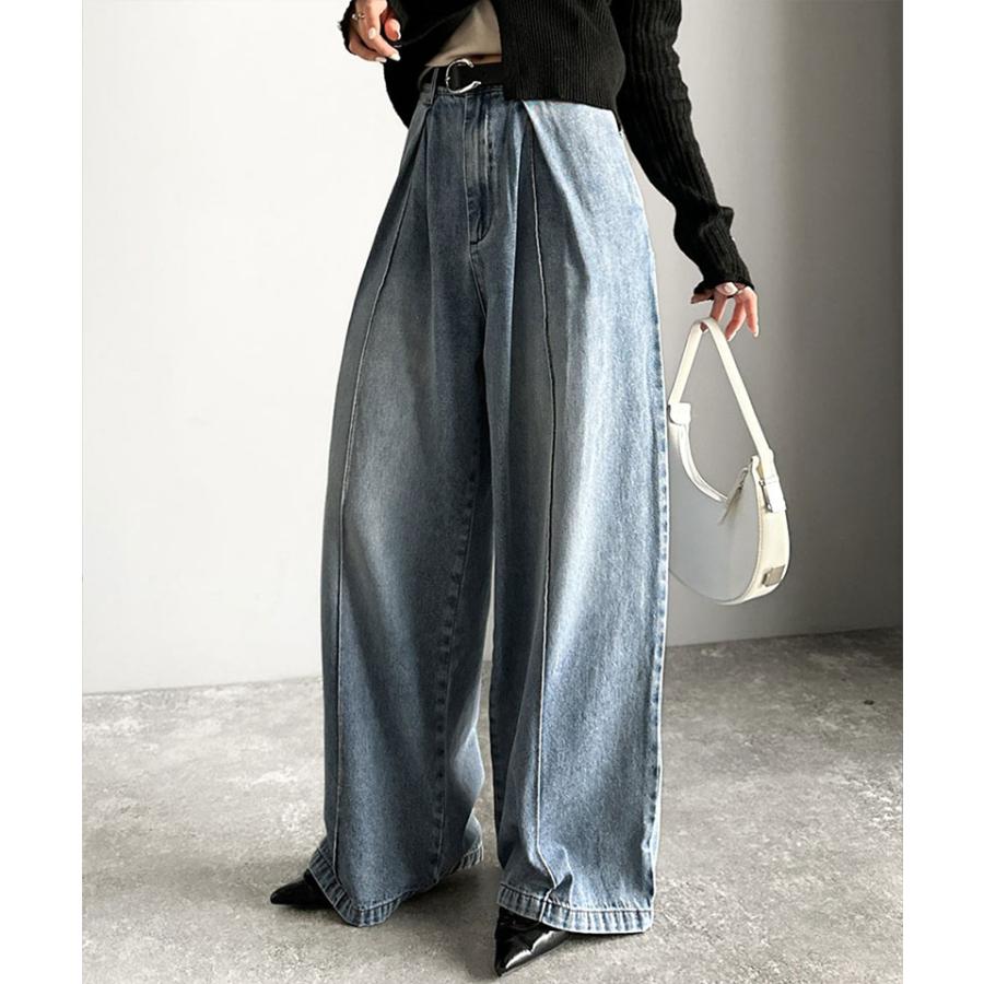 《java ジャバコラボ》 ボトムス レディース 秋冬 パンツ 立体 シルエット ダブル タック ワイド デニム 体型カバー ロングシーズン 大きいサイズ 秋 冬 | classicalelf | 09