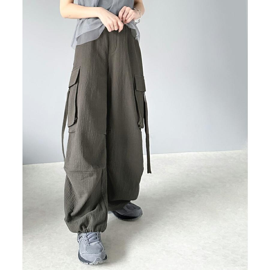 《javaジャバコラボ》 ボトムス パンツ レディース 涼やか 楊柳 ダブル ガーゼ サイド リボン 付 カーゴパンツ 裾 ドロスト ウエスト ゴム仕様 | classicalelf | 12