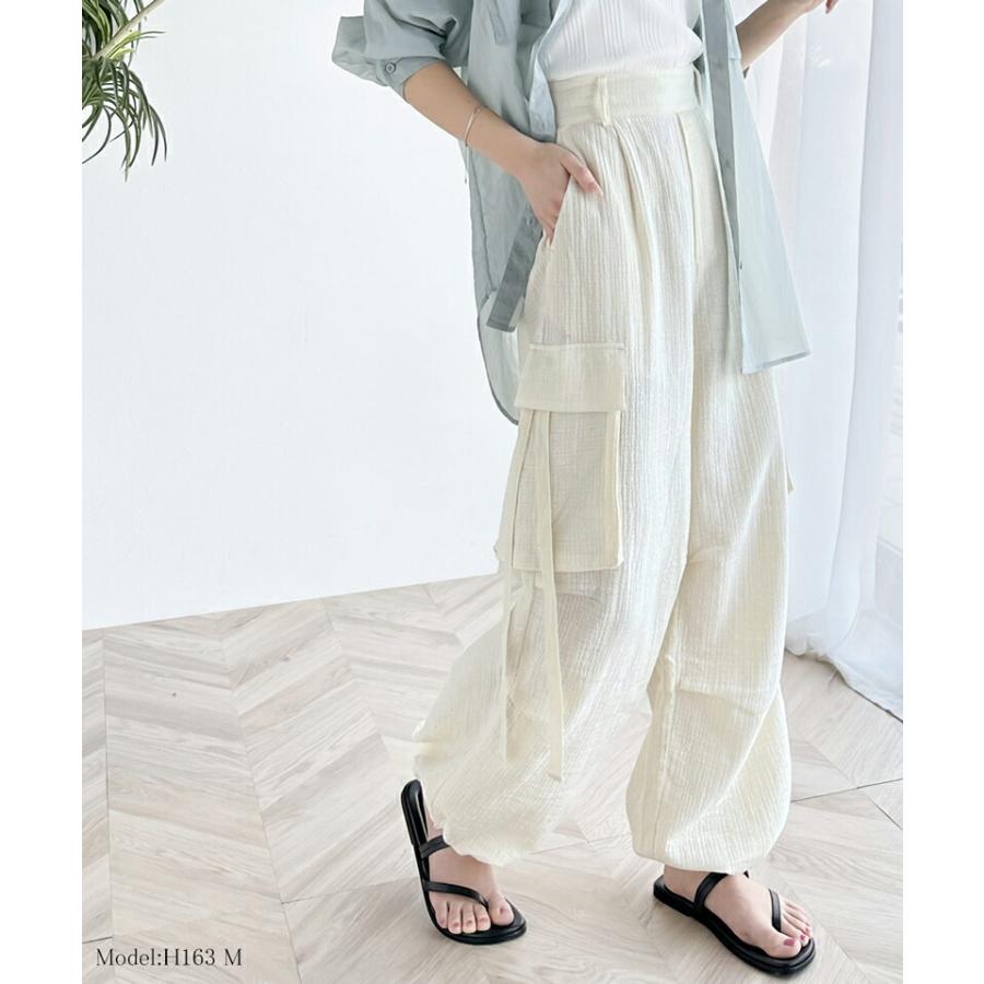 《javaジャバコラボ》 ボトムス パンツ レディース 涼やか 楊柳 ダブル ガーゼ サイド リボン 付 カーゴパンツ 裾 ドロスト ウエスト ゴム仕様 | classicalelf | 13