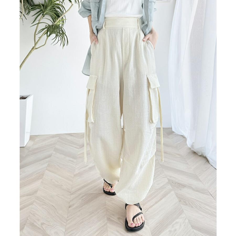 《javaジャバコラボ》 ボトムス パンツ レディース 涼やか 楊柳 ダブル ガーゼ サイド リボン 付 カーゴパンツ 裾 ドロスト ウエスト ゴム仕様 | classicalelf | 14