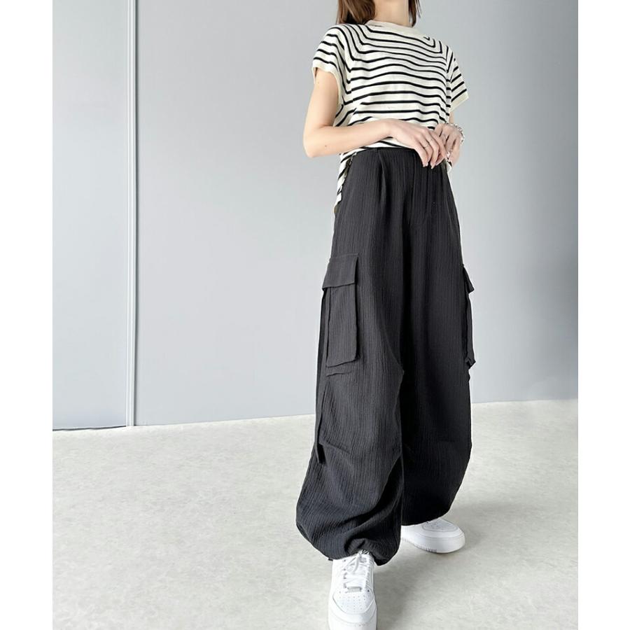 《javaジャバコラボ》 ボトムス パンツ レディース 涼やか 楊柳 ダブル ガーゼ サイド リボン 付 カーゴパンツ 裾 ドロスト ウエスト ゴム仕様 | classicalelf | 03