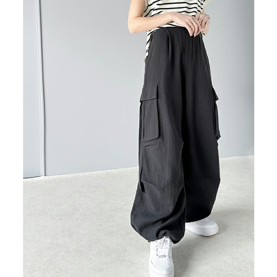 《javaジャバコラボ》 ボトムス パンツ レディース 涼やか 楊柳 ダブル ガーゼ サイド リボン 付 カーゴパンツ 裾 ドロスト ウエスト ゴム仕様 | classicalelf | 05