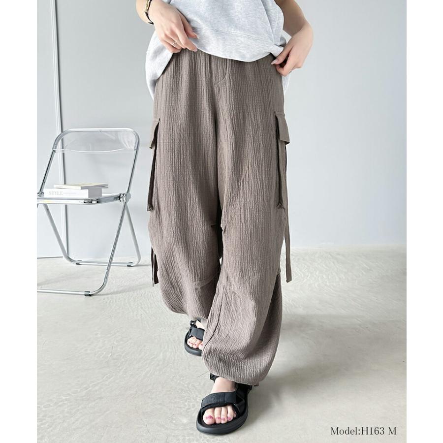 《javaジャバコラボ》 ボトムス パンツ レディース 涼やか 楊柳 ダブル ガーゼ サイド リボン 付 カーゴパンツ 裾 ドロスト ウエスト ゴム仕様 | classicalelf | 06