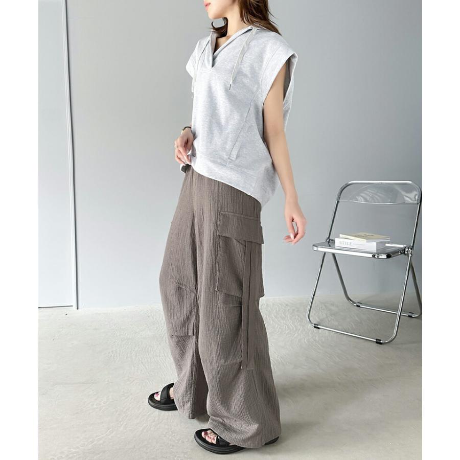 《javaジャバコラボ》 ボトムス パンツ レディース 涼やか 楊柳 ダブル ガーゼ サイド リボン 付 カーゴパンツ 裾 ドロスト ウエスト ゴム仕様 | classicalelf | 07