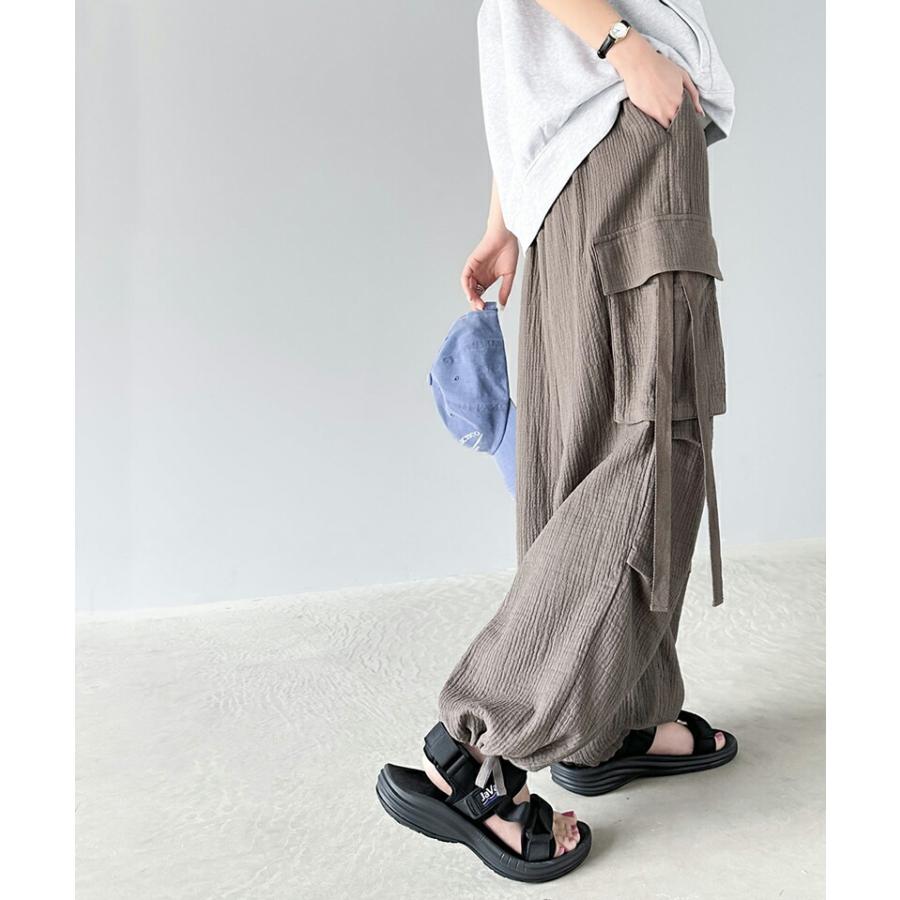 《javaジャバコラボ》 ボトムス パンツ レディース 涼やか 楊柳 ダブル ガーゼ サイド リボン 付 カーゴパンツ 裾 ドロスト ウエスト ゴム仕様 | classicalelf | 08