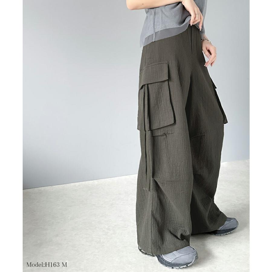 《javaジャバコラボ》 ボトムス パンツ レディース 涼やか 楊柳 ダブル ガーゼ サイド リボン 付 カーゴパンツ 裾 ドロスト ウエスト ゴム仕様 | classicalelf | 09